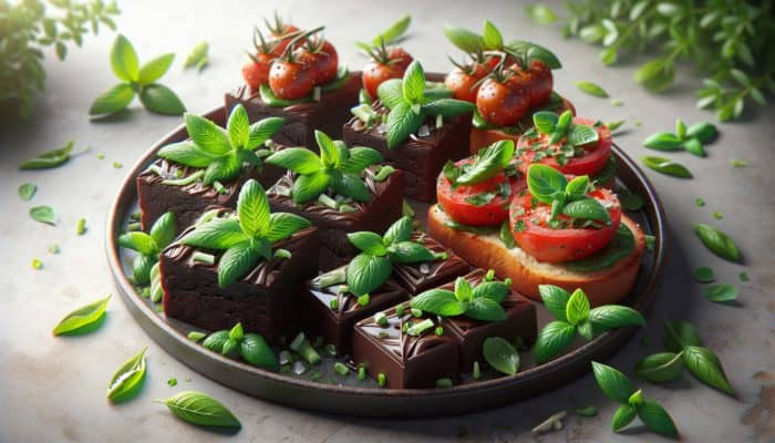 A vibrant snack platter featuring chocolate brownies with mint and tomato bruschetta with basil.