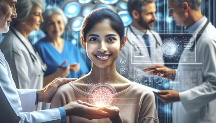 Patient receiving personalized treatment plan, surrounded by medical professionals and technology, looking hopeful and relieved.