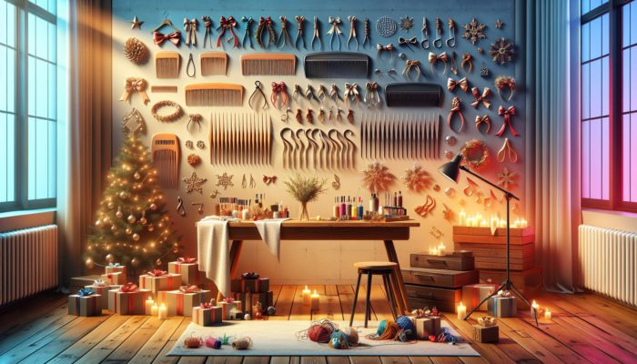 A cozy room set up for holiday braiding with hair ties, combs, and accessories on a table, festive music playing.