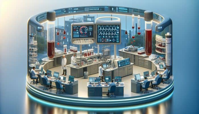 Illustration of cholesterol blood test in Middleton lab, specialists analyzing results on digital displays.