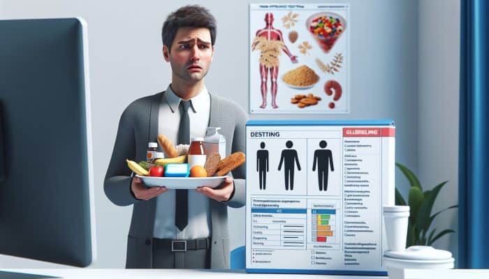 A person experiencing digestive issues and fatigue, appearing confused while holding gluten and dairy foods, near a food intolerance test kit in a clinic.