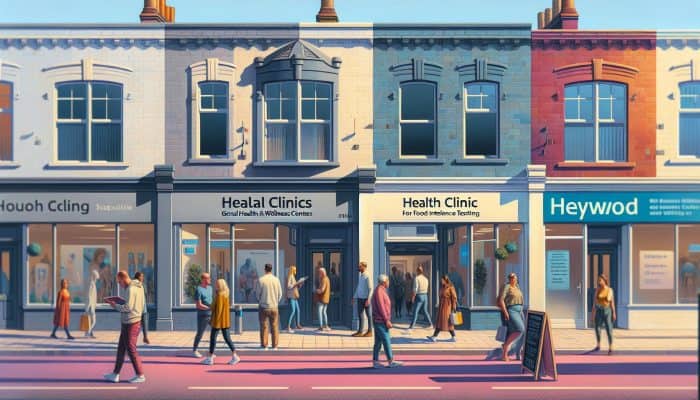 A bustling street in Heywood with signs for clinics offering food intolerance testing, with people coming and going.