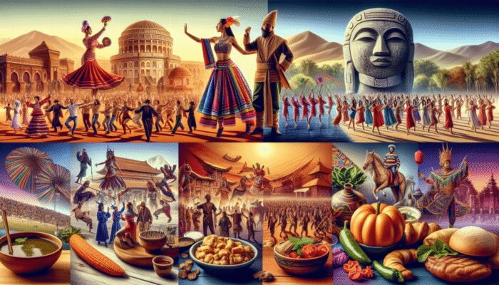A vibrant collage of a community's cultural heritage including dances, artifacts, architecture, festivals, cuisine, and folklore.