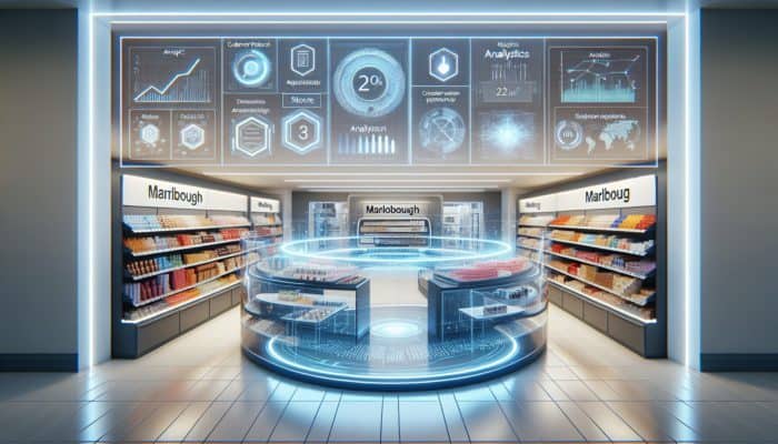 A vibrant Marlborough store featuring diverse products and a floating digital platform displaying analytics.