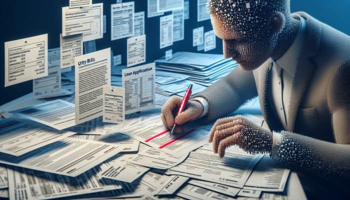 What Documents Do Debt Consolidation Loans Need in the UK | DCL A person reviewing financial documents, marking errors with a red pen amidst scattered bills and forms.