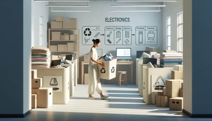 Spring Recycling Tips for House Clearance: A person sorting items into labeled piles in a bright room: electronics, textiles, furniture for recycling or donation.