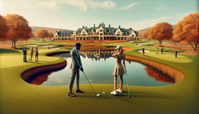 A couple enjoying a serene golfing experience at a South African resort during autumn, with lush green courses and luxurious accommodations.