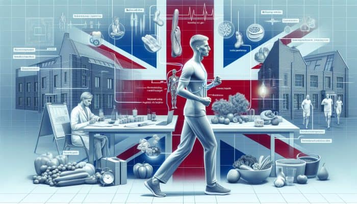 Illustration of a UK man's health routine showing gym, diet, mental health, and check-ups in a contemporary urban environment.