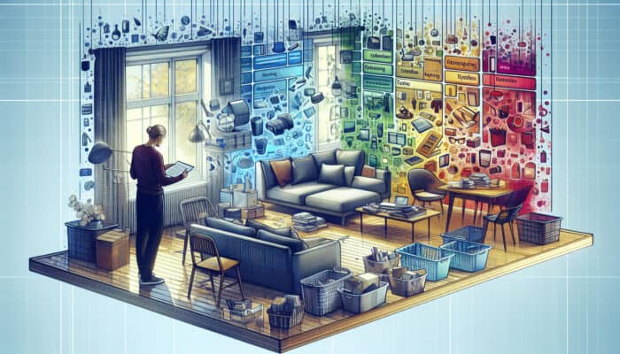 Sunderland House Clearance: A person categorizing items in a cluttered living room in Sunderland, labelling them as salvageable, disposable, and sentimental.