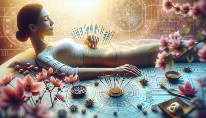 A serene woman receiving acupuncture on her abdomen and wrists, surrounded by fertility symbols in a traditional Chinese setting.