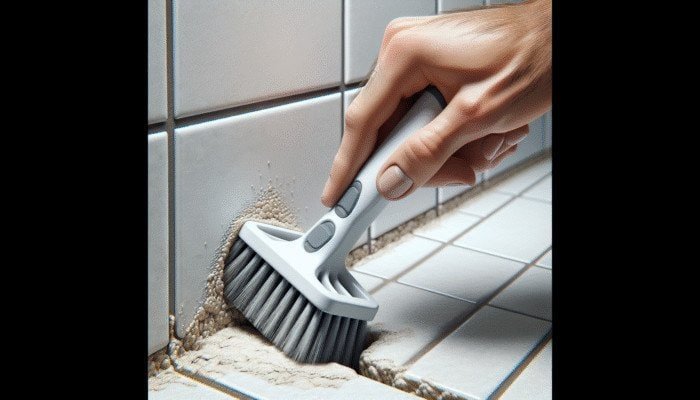Angled brush with ergonomic handle cleaning grout in a tight corner, reducing fatigue.