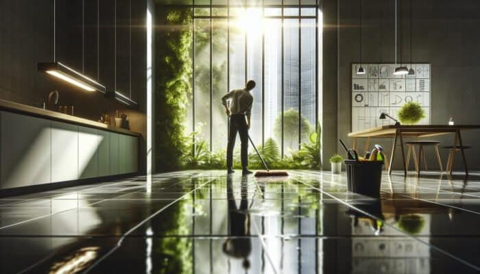 Individual in West Dunbartonshire cleaning slate floors using eco-friendly solutions, with natural light and greenery visible.