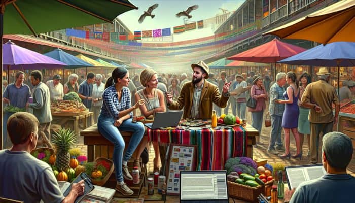 A small business owner collaborating with a local copywriter at a vibrant Ferndown community event.