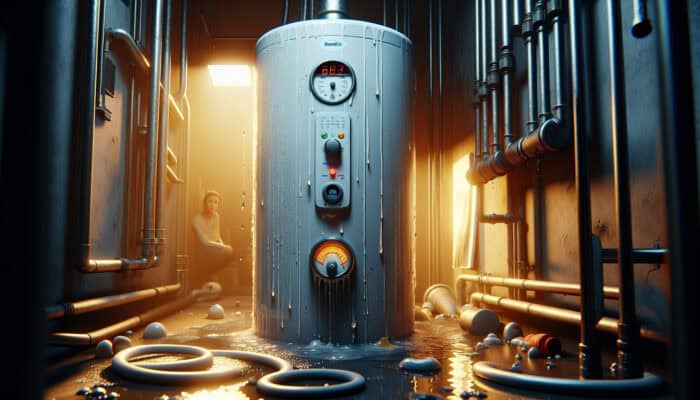 A malfunctioning water heater displaying leaks, sediment buildup, and fluctuating gauges in a dimly lit utility room; a concerned homeowner nearby.