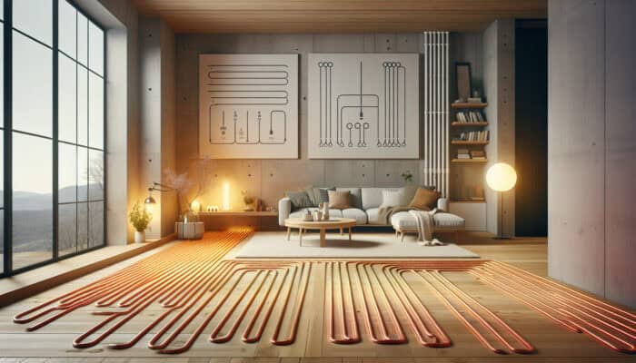 Innovative Hydronic Radiant Floor Heating Services in North Vancouver: A modern living room showcasing hydronic radiant floor heating with warm water pipes beneath wooden floors, creating a cozy and draft-free environment.