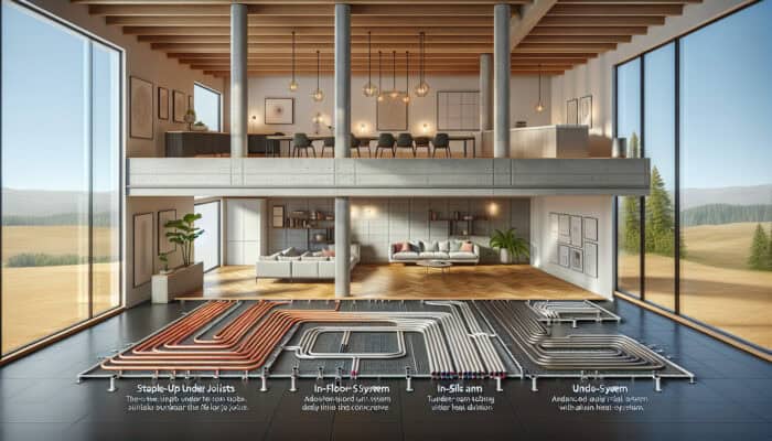 Different types of hydronic radiant floor heating systems showcased in a modern room layout.