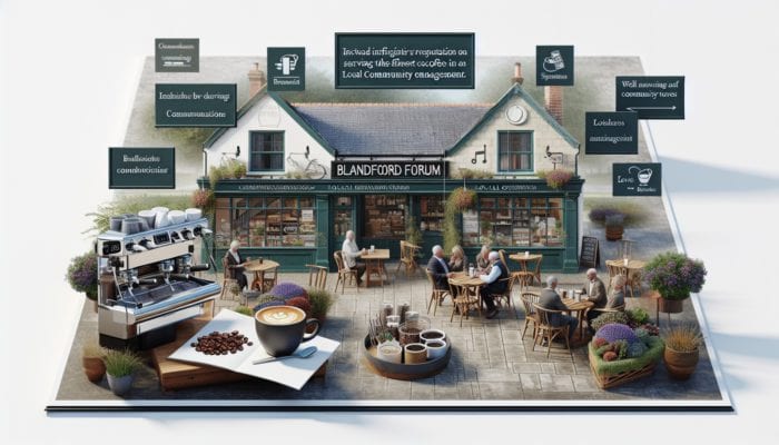 A bustling café in Blandford Forum featuring signage for the best coffee and community event posters.