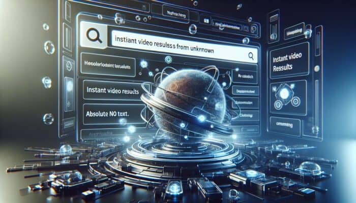Optimizing for Zero-Click Video Search Results: A futuristic search engine interface displaying instant video results from Google and YouTube, eliminating the need for external links.