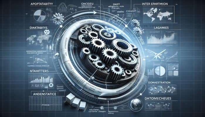 A dynamic business environment with teams adapting to market changes, symbolized by gears and data streams.