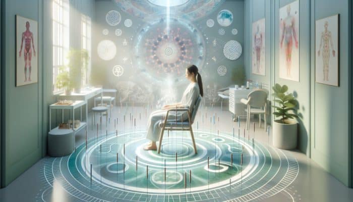 A woman receiving acupuncture in a tranquil UK fertility clinic, surrounded by calming colours and traditional Chinese symbols.