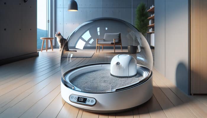 Sleek, high-tech litter robot with transparent dome, self-cleaning in modern home, satisfied cat nearby.