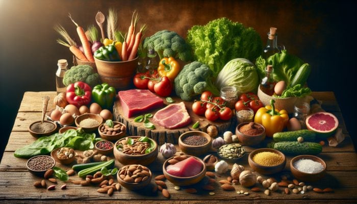 Top Paleo Dinner Ideas for Families: Fresh paleo ingredients on a rustic table: vegetables, lean meats, nuts, seeds.