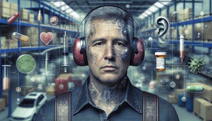 Middle-aged man in a noisy industrial setting with ear protection, showing signs of aging, alongside medical symbols and medication bottles.