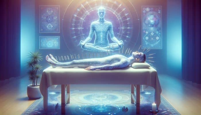 A tranquil acupuncture session with a patient resting comfortably, needles inserted into specific points, set in a serene, holistic room with soft lighting.