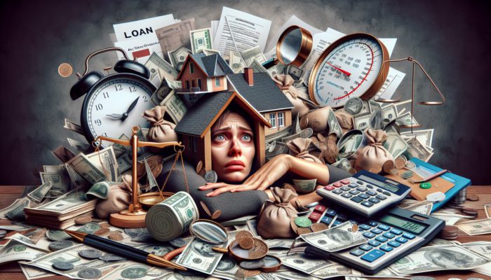 Person overwhelmed by loan documents, surrounded by magnifying glasses, calculators, and highlighted loan offers and home maintenance costs.