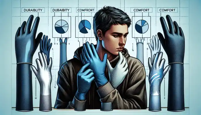 A person in Wrexham comparing various vinyl glove brands, evaluating cost, quality, durability, and comfort with charts and feedback.