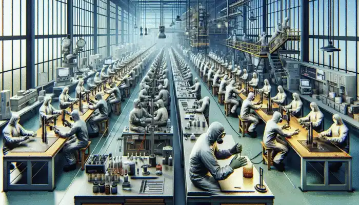 Workers in Goole laboratory testing safety gloves using advanced equipment for quality and durability.