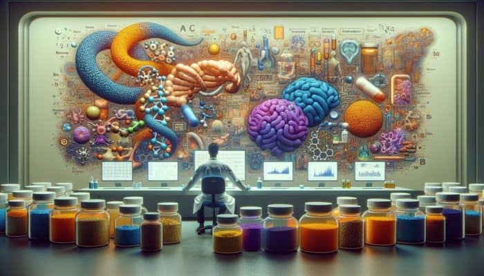 A scientist examines colourful postbiotic supplements with gut health and immune function diagrams in a lab setting.