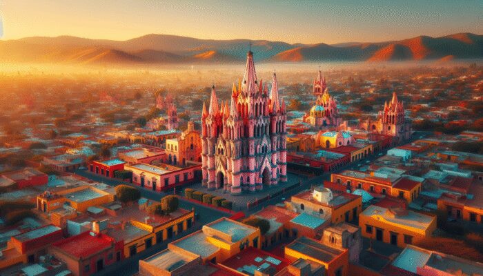 Aerial view of San Miguel de Allende, Mexico, showcasing colourful colonial architecture and the pink Parroquia at golden hour.