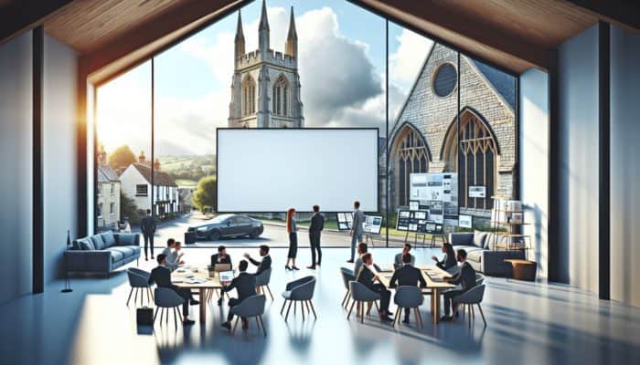 Contemporary WordPress design studio in Glastonbury, featuring professionals collaborating around a large screen against a backdrop of historic architecture.