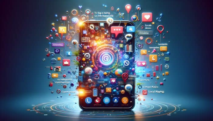 A smartphone displaying a local blog with engaging photos, videos, social media buttons, and an active comments section, optimized for SEO.