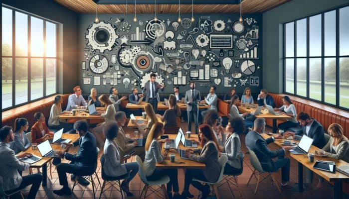 A collaborative digital marketing strategy session in a Budleigh Salterton café featuring small business owners and a consultant.