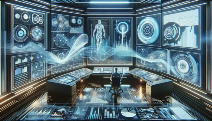 A futuristic control room showcasing a virtual assistant analyzing data visualizations and strategic planning charts.