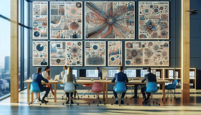 Modern Gloucester office showcasing diverse web designs, client testimonials, and team project discussions.