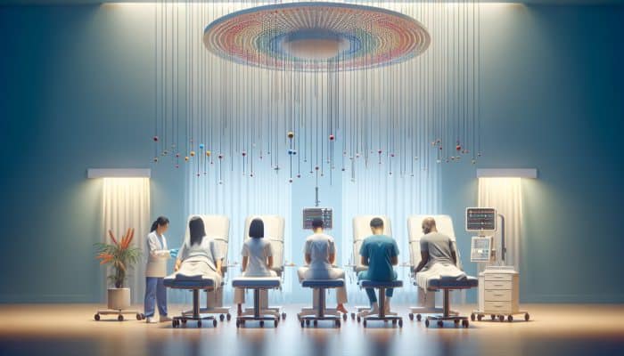 A diverse group of patients receiving acupuncture in a tranquil UK hospital room, part of NHS pain management.