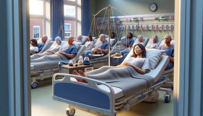 A tranquil UK hospital room with diverse post-surgery patients receiving acupuncture, surrounded by clinical evidence of its efficacy.