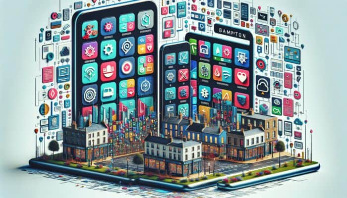 A modern Bampton small business's responsive website on smartphones and tablets, showing high engagement in a bustling town.