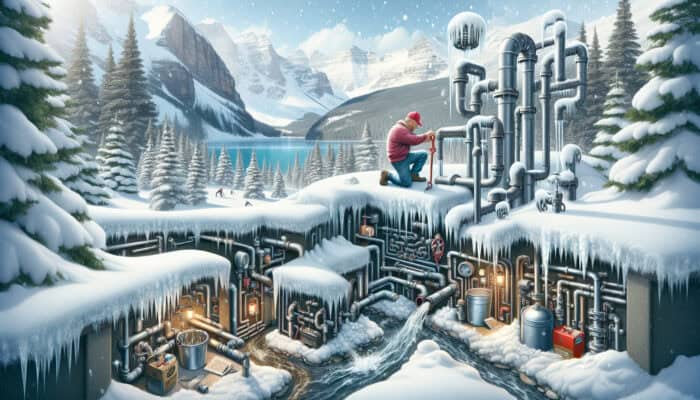 A winter scene in Whistler illustrating various plumbing challenges including frozen pipes, low water pressure, blocked drains, leaking old pipes, malfunctioning water heaters, backflow problems, and grease-clogged plumbing in restaurants.