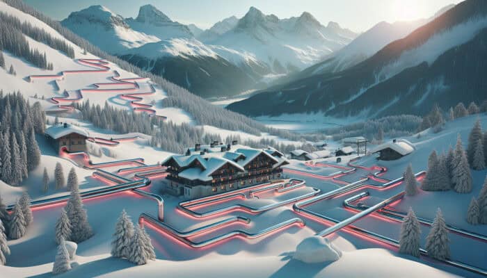 A mountain hotel in Whistler featuring insulated, heat-traced pipes amid snowy landscapes and rugged peaks.