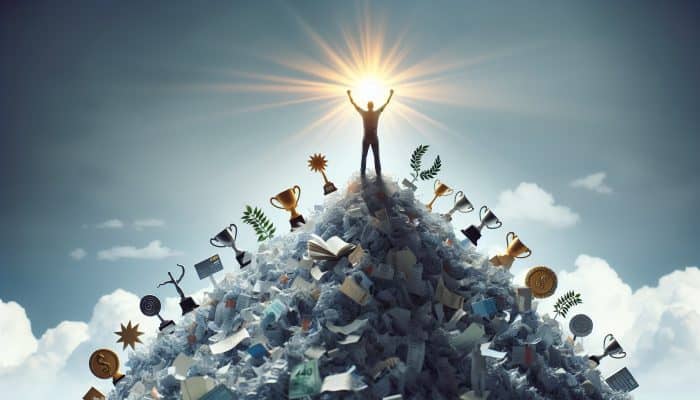 Person triumphantly atop shredded debt papers, symbolizing financial freedom and hope.