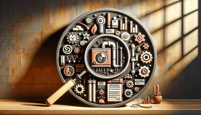 A comparison chart of boiler service providers with logos, magnifying key criteria like experience, reviews, and pricing.