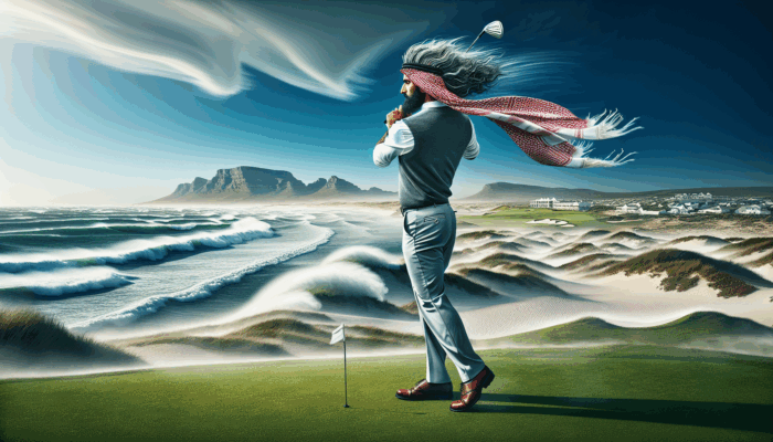 How to Hit a Golf Ball in Wind: Golfer adjusting swing at Royal Cape Golf Club, facing sudden coastal wind gusts with ocean and dunes.