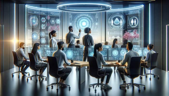 Diverse team of human virtual analysts in a tech office, analysing data showing decreased churn and increased satisfaction.