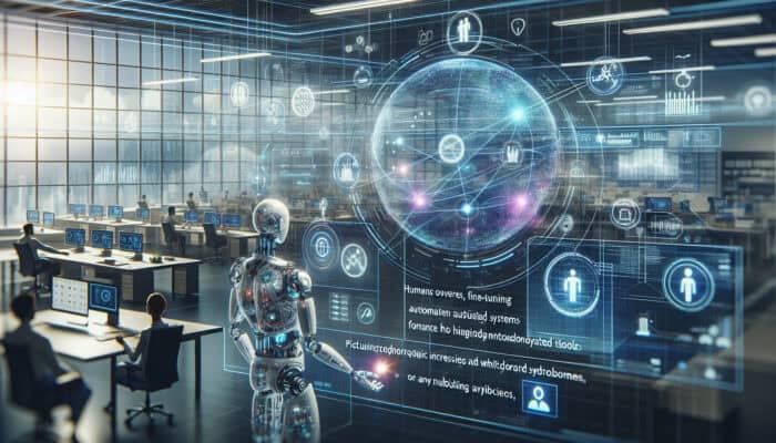 A futuristic office with humans and robots collaborating, enhancing efficiency through interconnected technology.