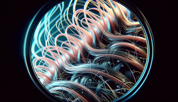 Shielding Hair From Environmental Stress: Damaged hair strands under microscope showing effects of pollution, UV rays, humidity; contrasted with healthy, protected hair.