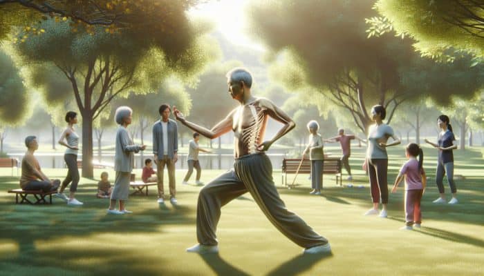 A middle-aged Asian person practicing tai chi in a park, surrounded by family in cultural activities, showing improved joint mobility.